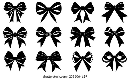 Bow icon. Set of different black gift bow isolated on white background. Vector illustration. Gift bow icon drawing