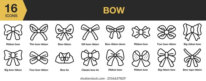 Bow icon set. Includes ribbon, four, classic, gift, decor, rope, and More. Outline icons vector collection.