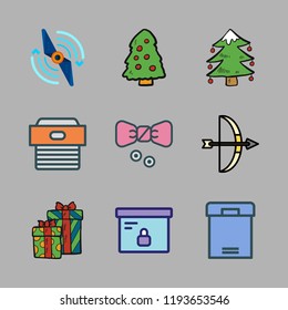 bow icon set. vector set about christmas present, christmas tree, propeller and arrows icons set.