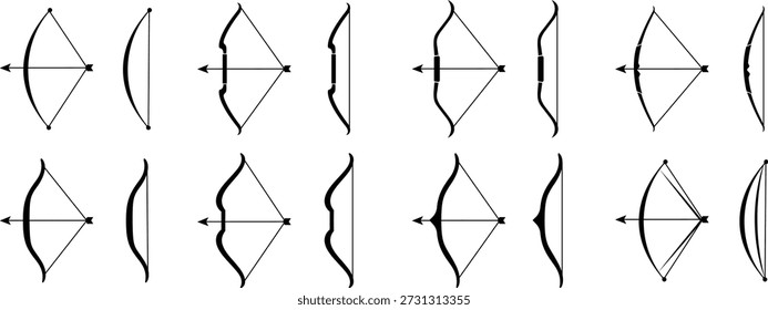 Colección de los iconos del arco y grupo de armas del tiro con arco aisladas en el fondo transparente, Ilustración vectorial negra plana de los símbolos antiguos del arco de la caza para el diseño