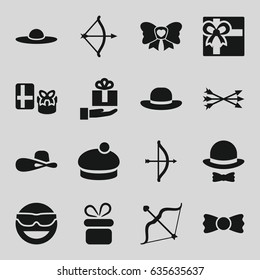 Bow icons set. set of 16 bow filled icons such as present, gift, woman hat, emot in sun glasses