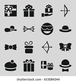 Bow icons set. set of 16 bow filled icons such as present, gift, woman hat, emot in sun glasses