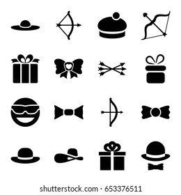 Bow icons set. set of 16 bow filled icons such as present, woman hat, emot in sun glasses