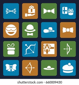 Bow icons set. set of 16 bow filled icons such as present, gift, woman hat, emot in sun glasses