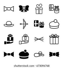 Bow icons set. set of 16 bow filled and outline icons such as woman hat, gift on hand, present
