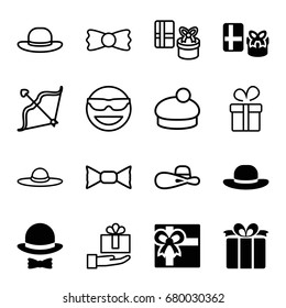 Bow icons set. set of 16 bow filled and outline icons such as gift, woman hat, present, emot in sun glasses