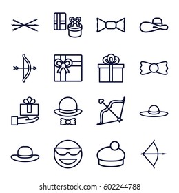 bow icons set. Set of 16 bow outline icons such as gift, woman hat, emot in sun glasses