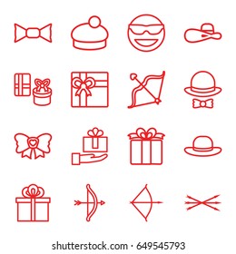 Bow icons set. set of 16 bow outline icons such as gift, woman hat, present, emot in sun glasses
