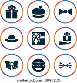 bow icons set. Set of 9 bow filled icons such as gift, woman hat, emot in sun glasses