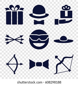 Bow icons set. set of 9 bow filled icons such as woman hat, emot in sun glasses, present