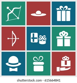 Bow icons set. set of 9 bow filled icons such as present, woman hat, gift