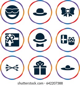 Bow icons set. set of 9 bow filled icons such as gift, woman hat