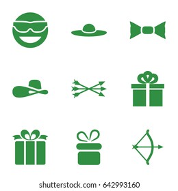 Bow icons set. set of 9 bow filled icons such as present, woman hat, emot in sun glasses