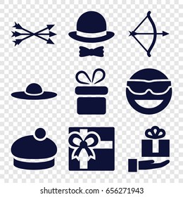 Bow icons set. set of 9 bow filled icons such as present, gift, woman hat, emot in sun glasses