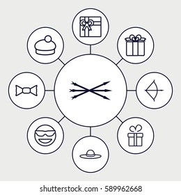 bow icons set. Set of 9 bow outline icons such as present, gift, woman hat