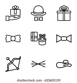 Bow icons set. set of 9 bow outline icons such as woman hat, gift