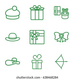 Bow icons set. set of 9 bow outline icons such as present, gift, woman hat