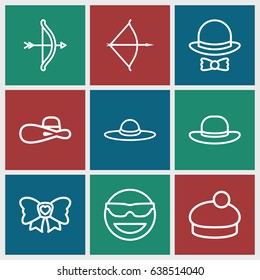 Bow icons set. set of 9 bow outline icons such as woman hat