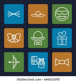 Bow icons set. set of 9 bow outline icons such as present, woman hat, emot in sun glasses