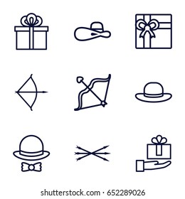 Bow icons set. set of 9 bow outline icons such as gift, woman hat