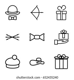 Bow icons set. set of 9 bow outline icons such as present, woman hat