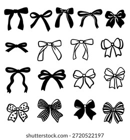 Bogensymbole mit schwarzen Schleifen in Umriss- und Silhouettenstilen. Dekorative Bogen-Kollektion einzeln auf transparentem Hintergrund, perfekt für Geschenkverpackungen, Einladungen, Scrapbooking, Branding und Designprojekte.