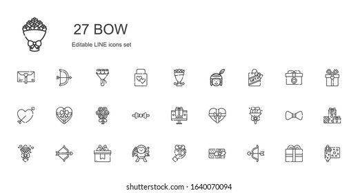 bow icons set. Collection of bow with cupid, gifts, gift, bouquet, bow tie, native american, wrapping, present, wedding gift, archery. Editable and scalable icons.