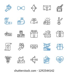 bow icons set. Collection of bow with gift, cupid, gifts, bouquet, garter, marriage, voucher, violin, native american, bow tie. Editable and scalable icons.