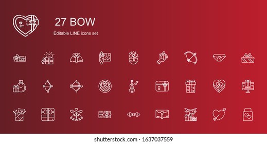 bow icons set. Collection of bow with gift, bow tie, gifts, wedding bells, gift card, violin, cupid, wedding gift, panties, wrapping, voucher. Editable and scalable icons.
