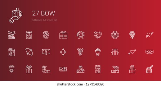 bow icons set. Collection of bow with gifts, gift, bouquet, cupid, native american, garter, present. Editable and scalable bow icons.