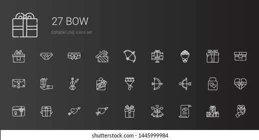 bow icons set. Collection of bow with marriage, wedding bells, gift, cupid, gift card, archery, bouquet, violin, gifts, wedding gift, garter. Editable and scalable bow icons.