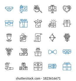 bow icons set. Collection of bow with present, gifts, gift, garter, bow tie, bouquet, cupid, marriage, wrapping, panties. Editable and scalable icons.