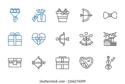 bow icons set. Collection of bow with violin, gift, cupid, gifts, wedding bells, present, bow tie, archery, bouquet. Editable and scalable bow icons.