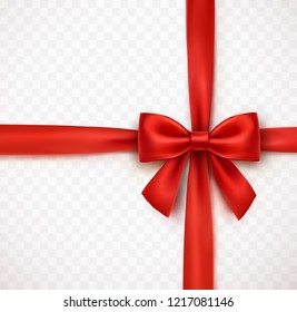 Bow isolated on transparent background. Vector Christmas red satin bow with ribbon, xmas wrap element template.