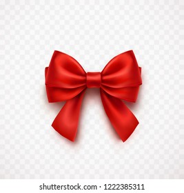 Bow isolated on transparent background. Vector Christmas red satin bow with shadow, xmas wrap element template.
