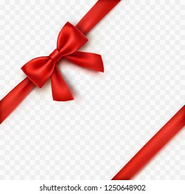 Bow isolated on transparent background. Vector Christmas red satin bow with ribbon, xmas wrap element template.