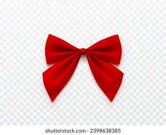 Bow isolated on transparent background. Vector Christmas red satin ribbon with shadow. 3d realistic present decor or xmas gift wrap element template	