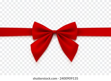 Bow isolated on transparent background. Vector Christmas red satin ribbon with shadow. 3d realistic present decor or xmas gift wrap element template	