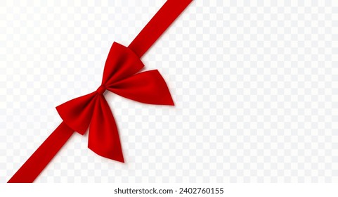 Bow isolated on transparent background. Vector Christmas red satin ribbon with shadow. 3d realistic present decor or xmas gift wrap diagonal element template