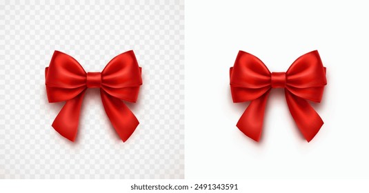 Bow isolated on transparent background. Vector Christmas red satin ribbon with shadow, xmas wrap element template