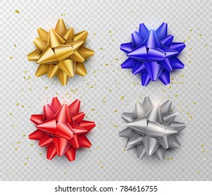 Bow isolated on transparent background. Gift ribbon set in realistic style red, blue, silver, gold color. Top view. Vector illustration