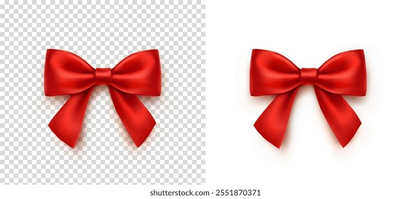 Bow isolated on transparent and white backgrounds. Vector Christmas red satin ribbon with shadow, xmas wrap element template