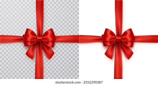 Bow isolated on transparent and white backgrounds. Vector Christmas red satin ribbon with shadow, xmas wrap element template