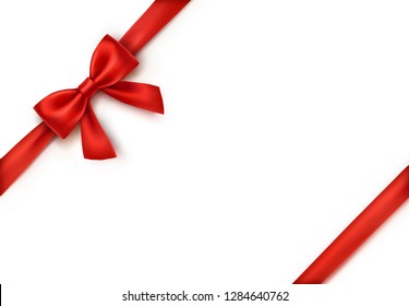Bow isolated on white background. Vector Christmas red satin bow with ribbon, xmas wrap element template.