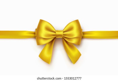 Bow isolated on white background. Vector Christmas gold satin bow, xmas golden wrap element template.
