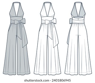 Bow Jumpsuit technical fashion Illustration. Wide Leg Jumpsuit fashion flat technical drawing template, halter neck, v-neck, zip-up, belted, front and back view, white, grey, women CAD mockup set.