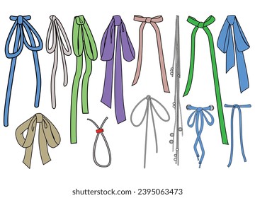 Bow knot Drawstring cord flat sketch vector illustrator. Set of bow knot Draw string for Waist band, bags, shoes, jackets, Shorts, Pants, dress garments, Drawcord for Clothing to pulled or tighten