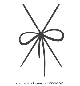 Bow knot on rope cross gift wrap line icon. Outline hand drawn thread tied on gift box, vintage greeting card element. Present, lace mascot, minimal ribbon bow on node icon vector illustration