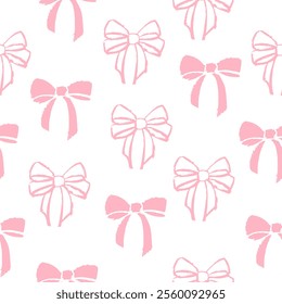 Bow knot pattern. Seamless pink ribbon bow vector illustration. Pink doodle hand drawn bow pattern. Seamless ribbon print background. Pink bow silhouette.