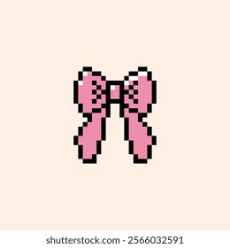 Bow knot pixel art style icon. Vintage retro sticker. Coquette bow emoji. Editable pixel vector illustration. Cute badge. Game abstract pink element. Y2k modern geometric shape for collage, poster